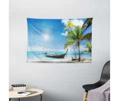 Wooden Boat on Exotic Beach Wide Tapestry