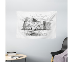 Hand Drawn Mountain Design Wide Tapestry