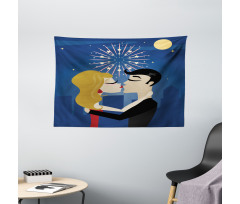 Couple Fireworks at Night Wide Tapestry