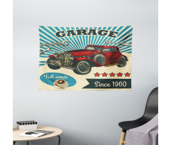 Retro Car Garage Art Wide Tapestry