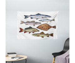 Drawn Various Species of Fish Wide Tapestry