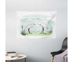 2 Herons in Marsh Cartoon Wide Tapestry