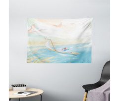 Girl in Boat on Lake Birds Wide Tapestry