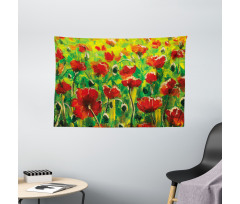 Poppies on Green Grass Wide Tapestry