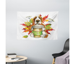 Dog Coffee Autumn Leaf Wide Tapestry