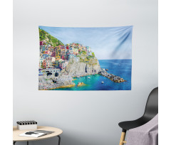 Colorful Coastal Village Wide Tapestry