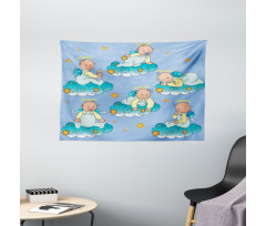 Babies on Clouds in Cartoon Wide Tapestry