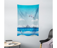 Plane Fly on Sea and Shark Tapestry