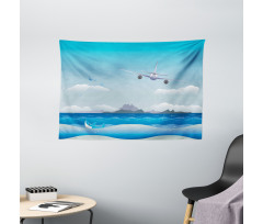 Plane Fly on Sea and Shark Wide Tapestry