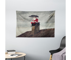 Santa on Chimney in Rain Wide Tapestry