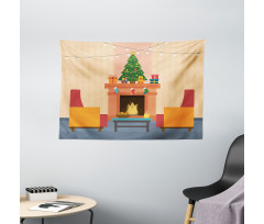 Cartoon Xmas Interior Wide Tapestry