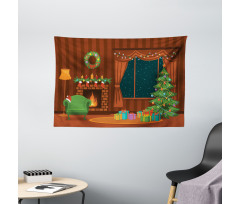 Cartoon Christmas Room Wide Tapestry