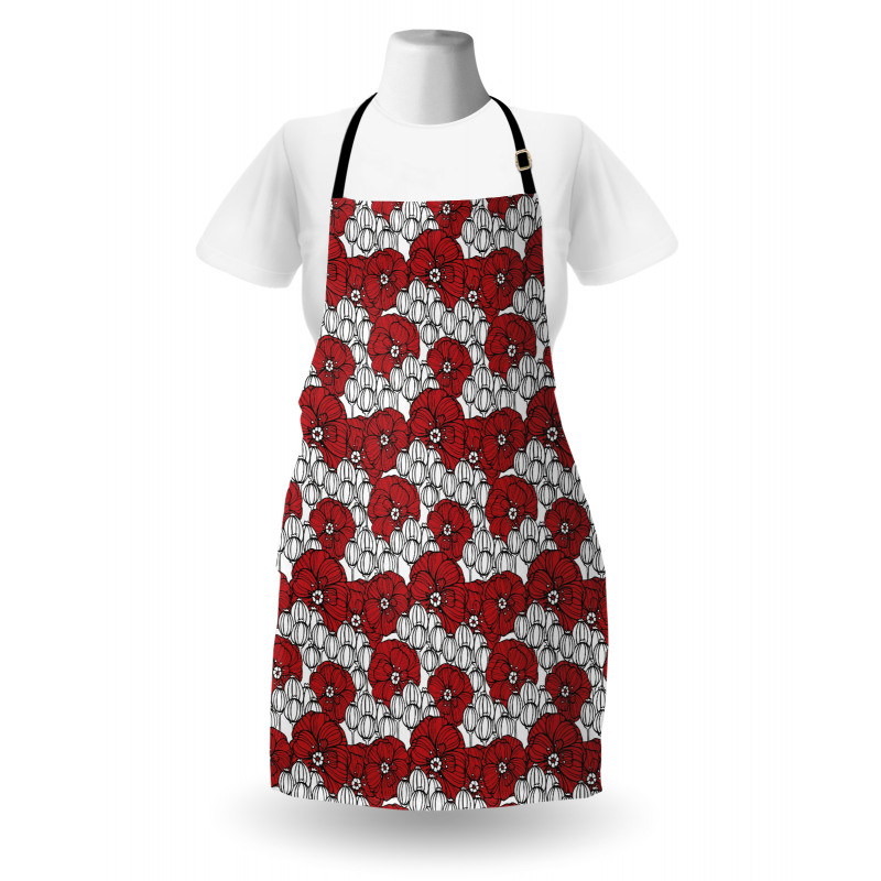 Floral Mutfak Önlüğü Kırmızı Beyaz Gelincikler