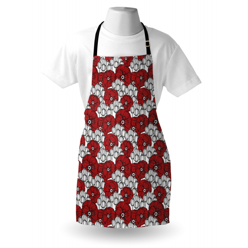 Floral Mutfak Önlüğü Kırmızı Beyaz Gelincikler