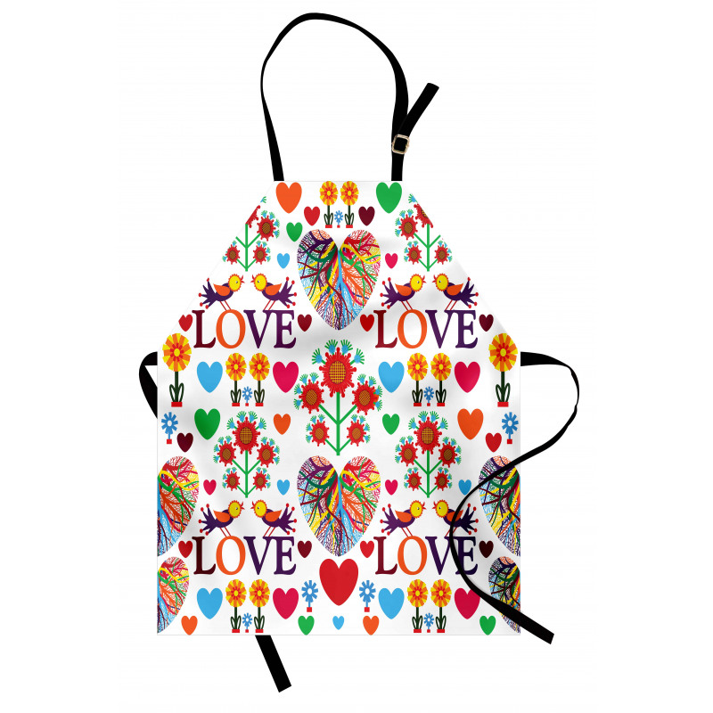 Rengarenk Mutfak Önlüğü Kalp Kuş ve Çiçek Desenli