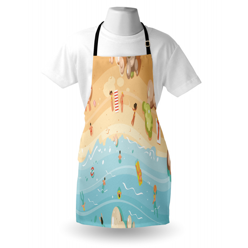 Karikatür Mutfak Önlüğü Kumsalda ve Denizde Güneşlenen İnsanlar