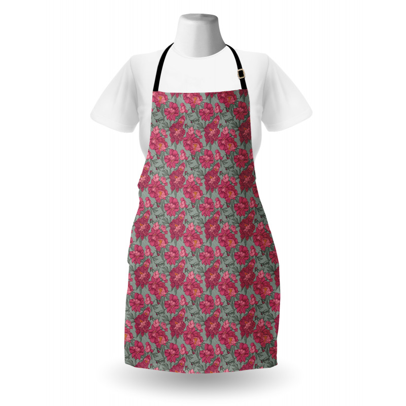 Budding Peony Flowers Leaves Apron