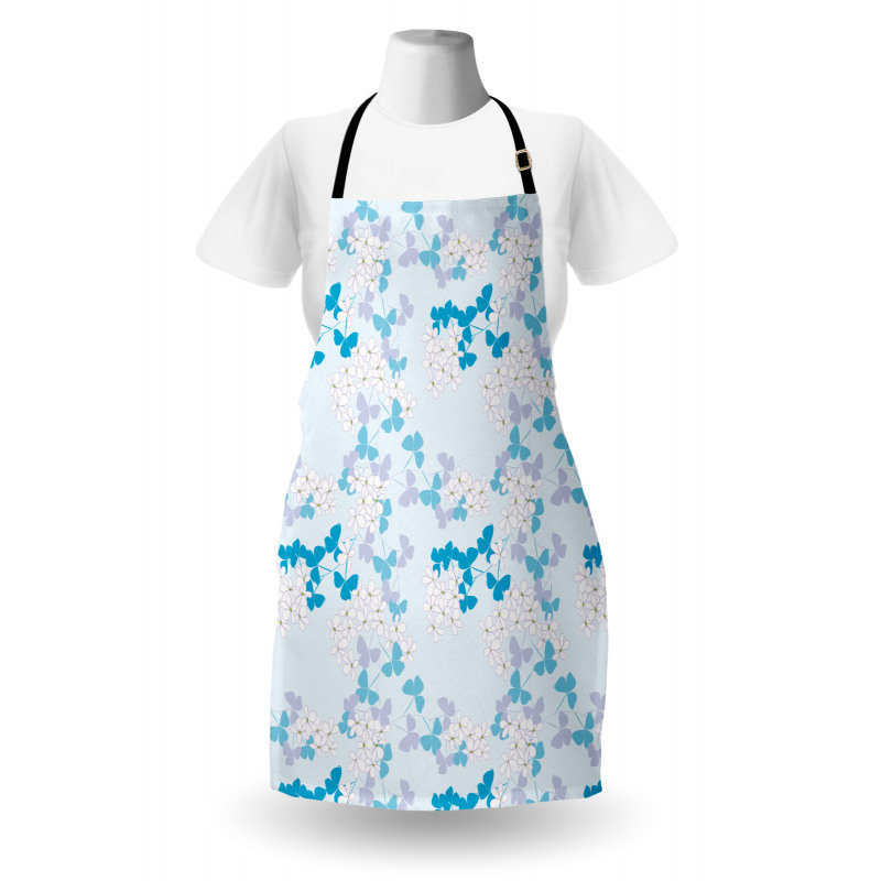 Floral Mutfak Önlüğü Mavi Çiçekler ve Yapraklar Desenli Beyaz