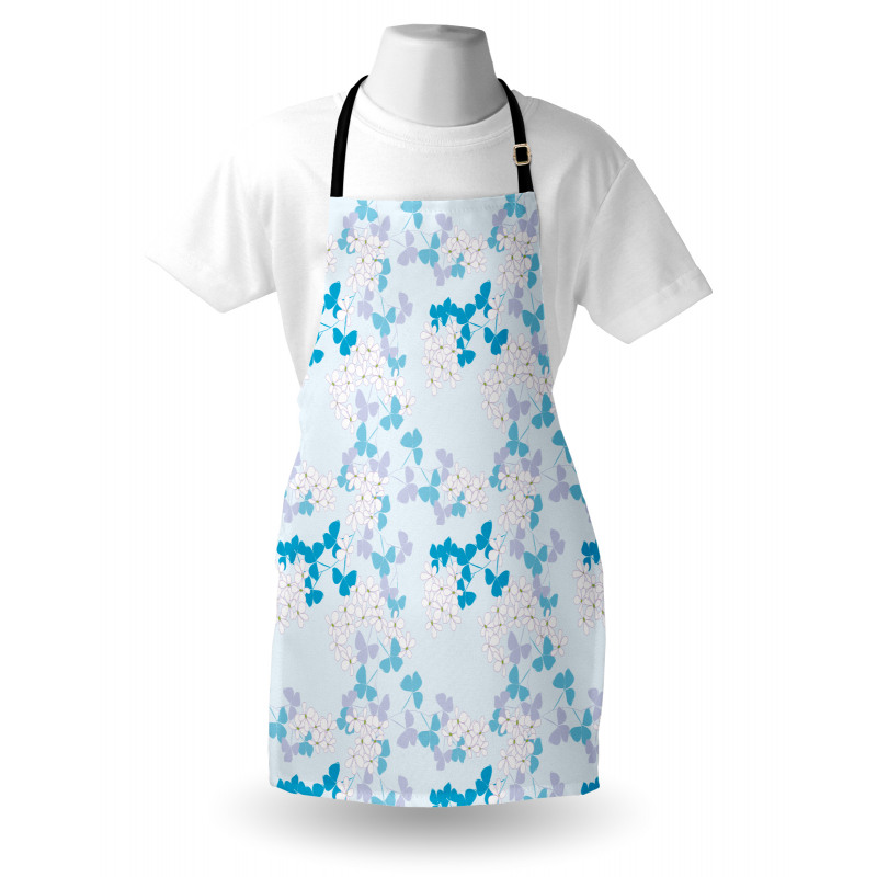 Floral Mutfak Önlüğü Mavi Çiçekler ve Yapraklar Desenli Beyaz