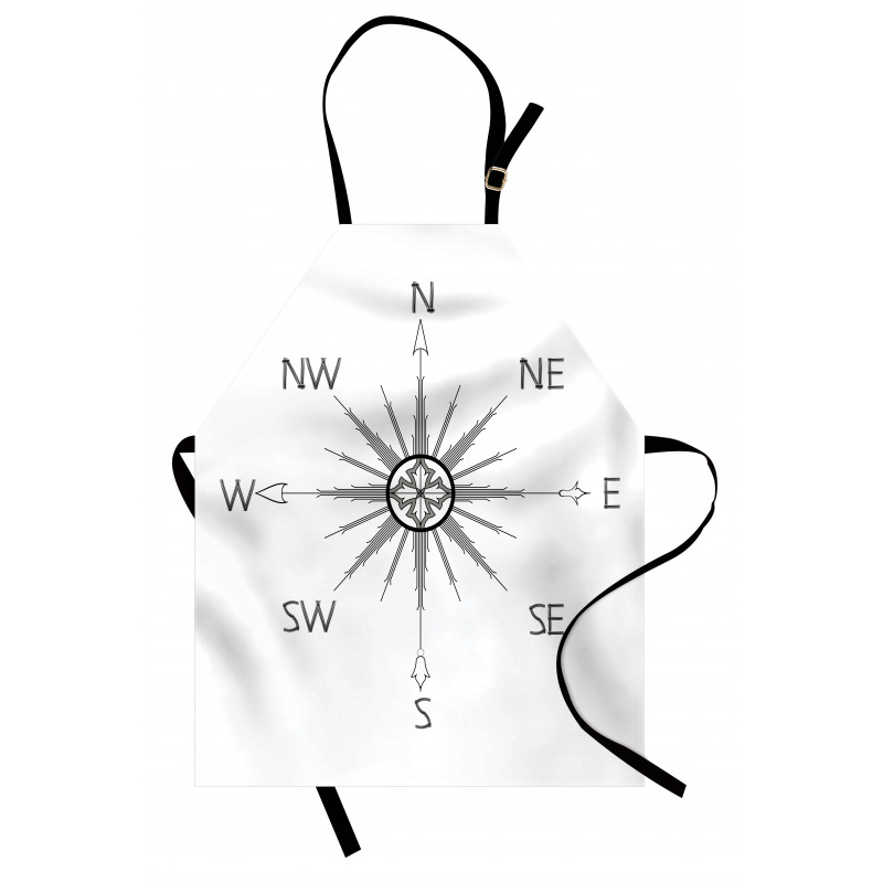 Pusula Mutfak Önlüğü Yönleri Gösteren Rüzgar Gülü Monokrom Çizimi