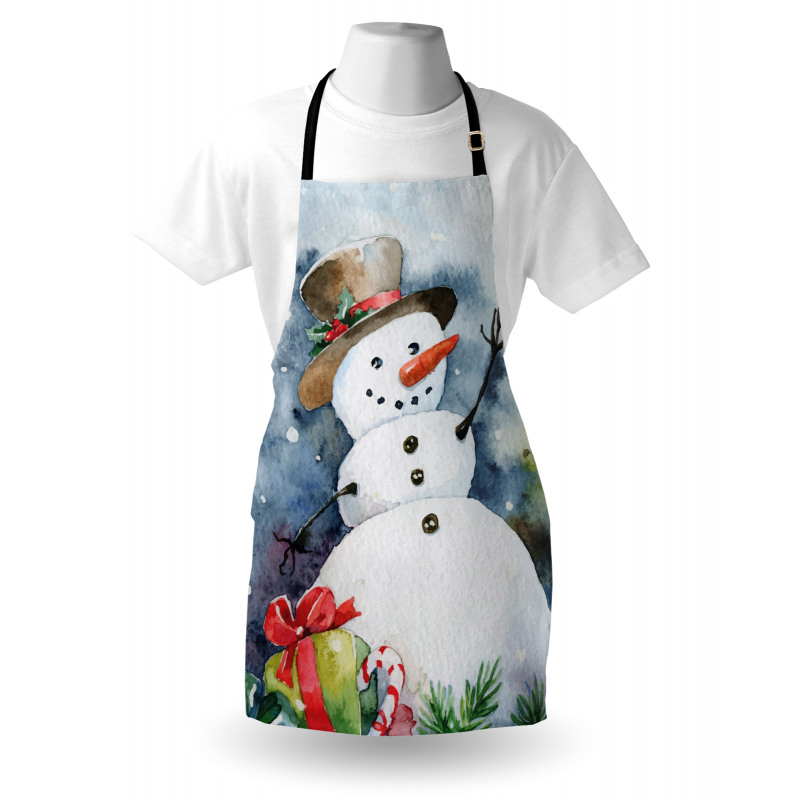 Kış Mutfak Önlüğü Sulu Boya Kardan Adam ve Hediye Paketi Desenli