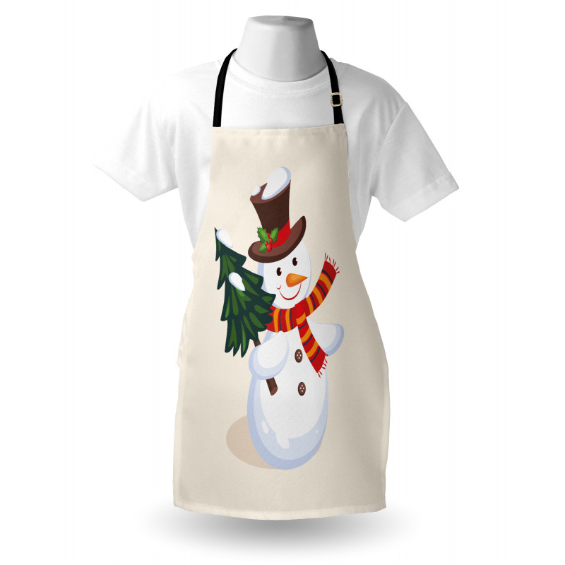 Kış Mutfak Önlüğü Yılbaşı Ağacı ve Güler Yüzlü Kardan Adam Beyaz