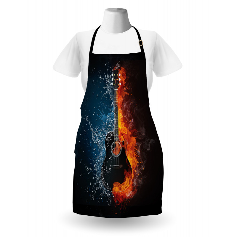 Müzik Mutfak Önlüğü Su ve Ateş Temalı Fonda Elektro Gitar Çizimi