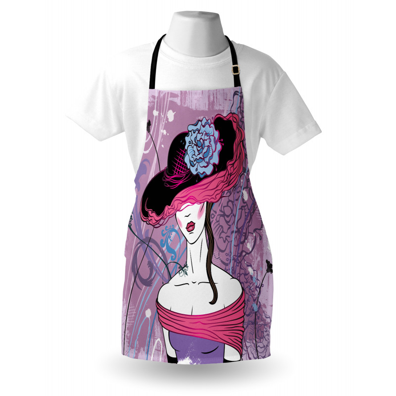 Çiçekli Mutfak Önlüğü Şapkalı Kız Desenli Soyut Çizim