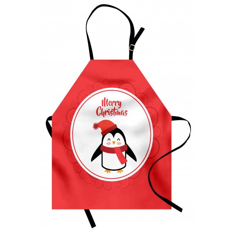 Yeniyıl Mutfak Önlüğü Kırmızı Fonlu Mutlu Noeller Penguen Desenli