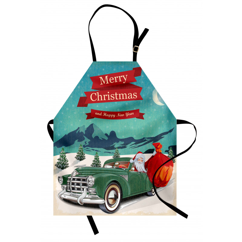 Yılbaşı Mutfak Önlüğü Yeşil Arabalı Noel Baba