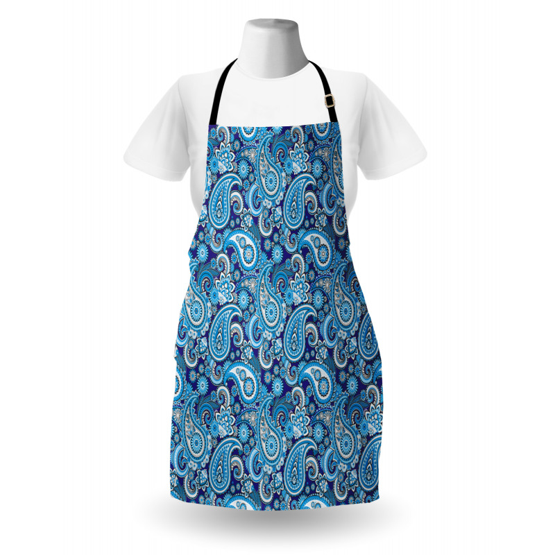 Soyut Mutfak Önlüğü Çiçek Mavi Şal Desenli