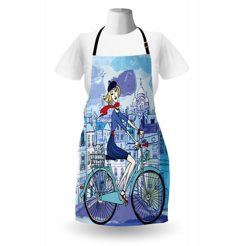 Woman on Bicycle with Cat Apron