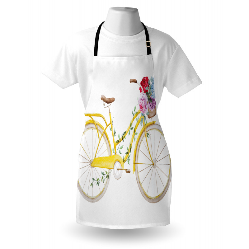 Bisikletli Mutfak Önlüğü Çiçekli Sepetli Sarı Bisiklet