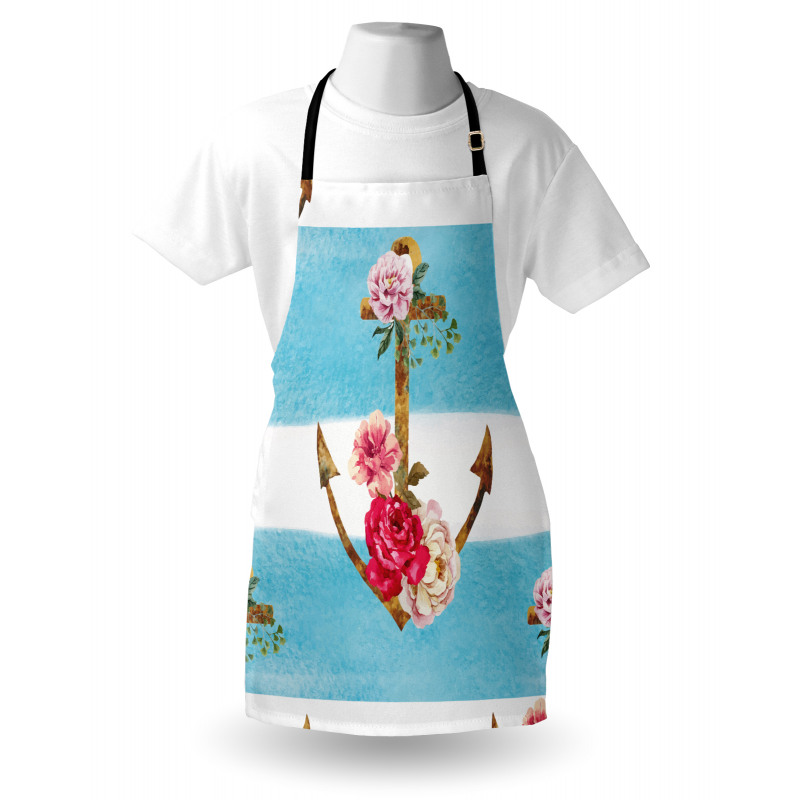 Denizci Mutfak Önlüğü Çiçekli Çapa Desenli Marin Sanat
