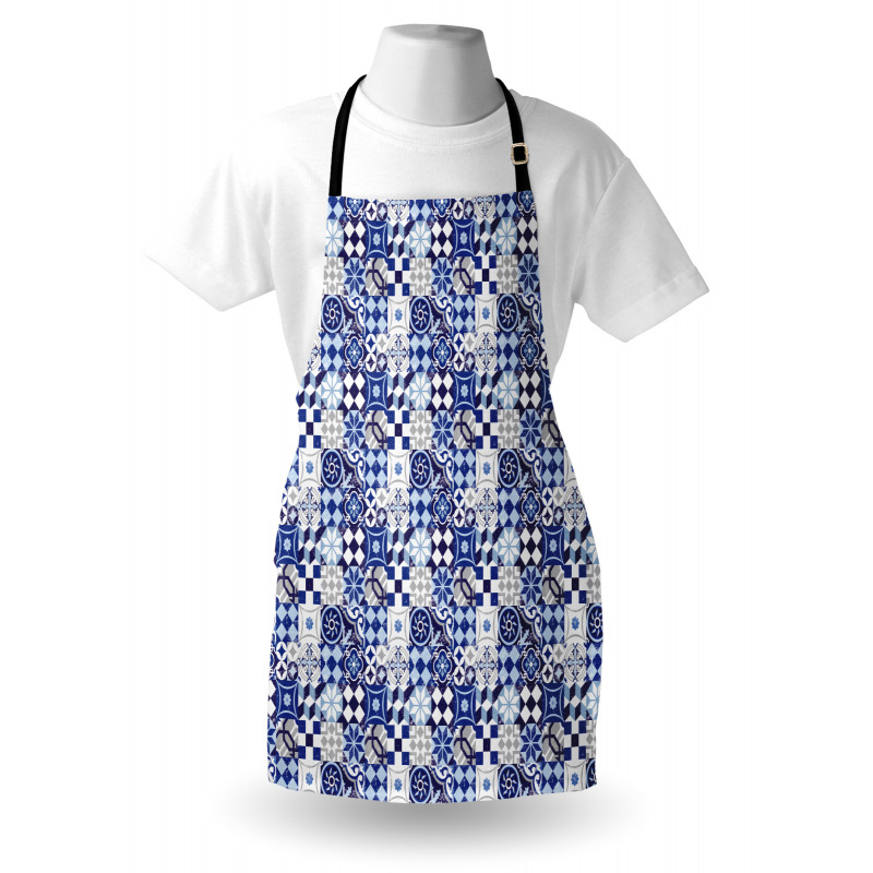 Çiçekli Mutfak Önlüğü Mavi Beyaz Kareli