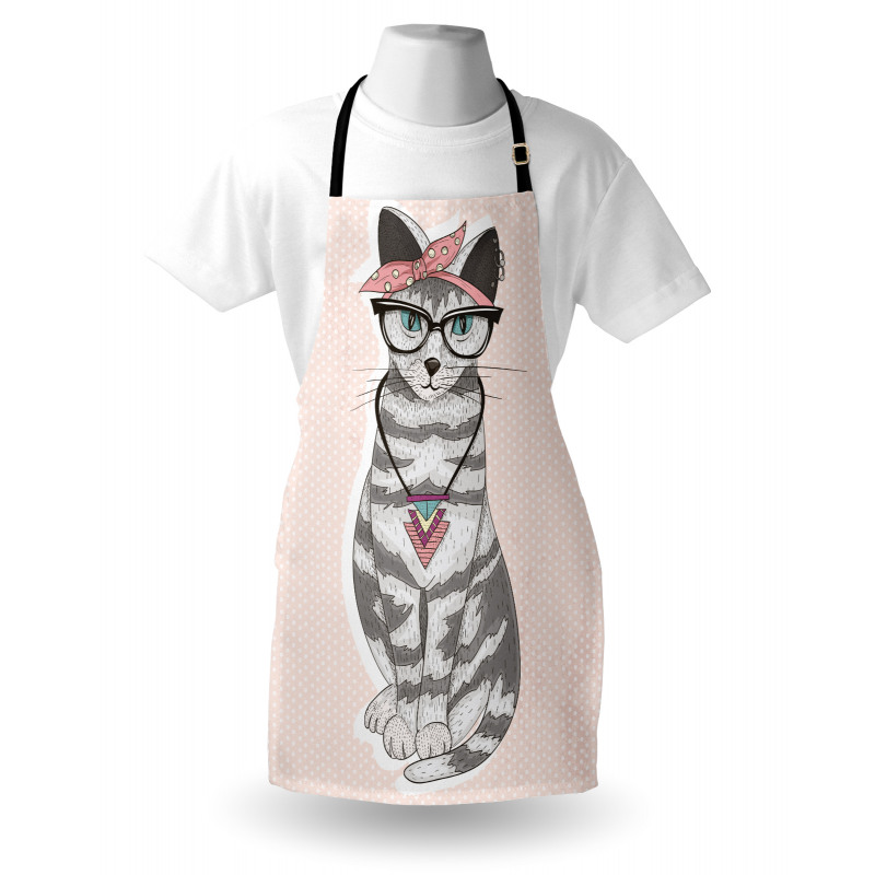 Hayvan Deseni Mutfak Önlüğü Hipster Gri Gözlüklü Kedi