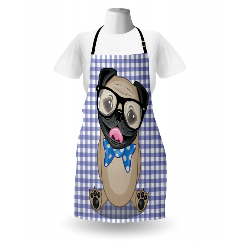 Hayvan Mutfak Önlüğü Mavi Beyaz Pötikareli Fon Gözlüklü Pug Köpek