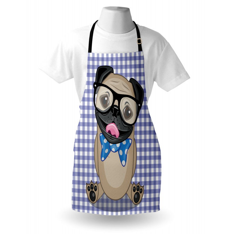 Hayvan Mutfak Önlüğü Mavi Beyaz Pötikareli Fon Gözlüklü Pug Köpek