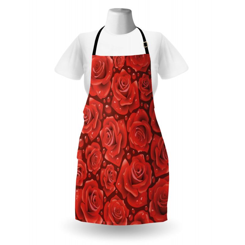 Çiçek Mutfak Önlüğü Devamlı Romantik Kırmızı Gül Damla Desenleri 