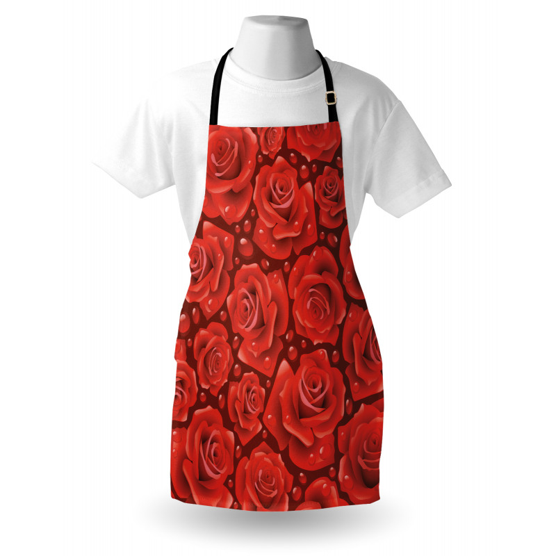Çiçek Mutfak Önlüğü Devamlı Romantik Kırmızı Gül Damla Desenleri 