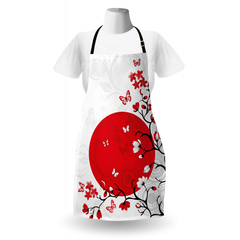 Japon Mutfak Önlüğü Kırmızı Kiraz Çiçekleri Beyaz Fonlu Sakura