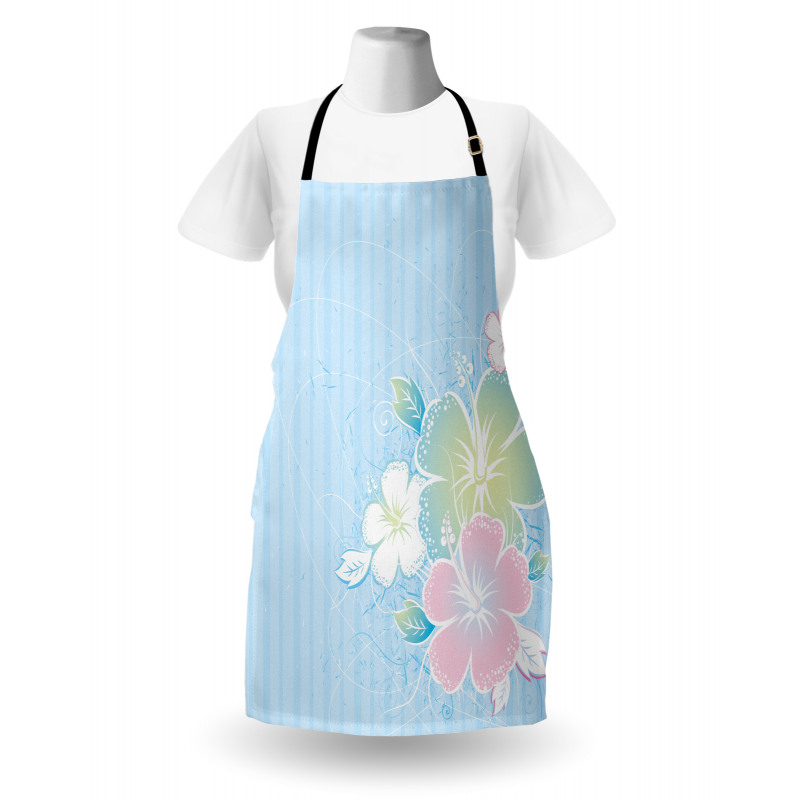 Floral Mutfak Önlüğü Mavi Çizgili Fon Üzerinde Pastel Çiçekler