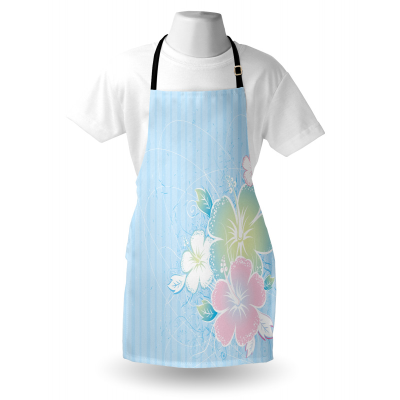 Floral Mutfak Önlüğü Mavi Çizgili Fon Üzerinde Pastel Çiçekler