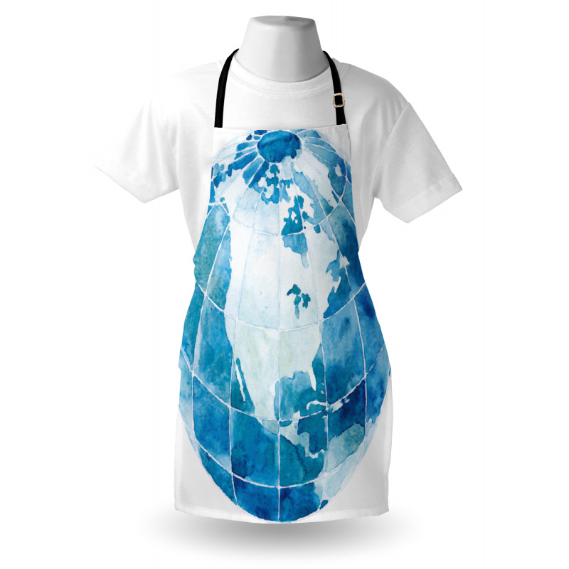 Suluboya Mutfak Önlüğü Beyaz Fon Üzerine Mavi Dünya Desenli Resim