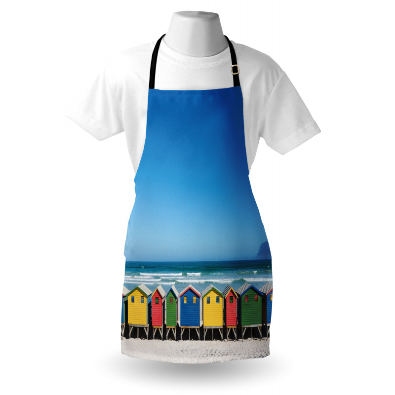 Mavi Mutfak Önlüğü Deniz Kıyısındaki Rengarenk Kabinler Gökyüzü