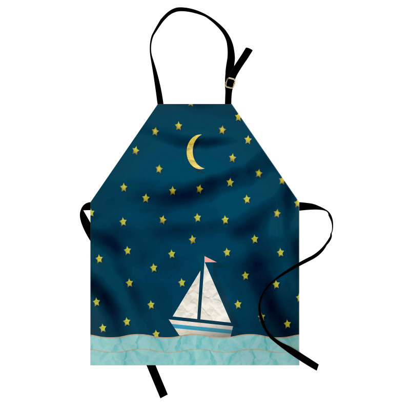 Denizci Mutfak Önlüğü Yıldızlı Gecede Yol Alan Yelkenli Çizimi