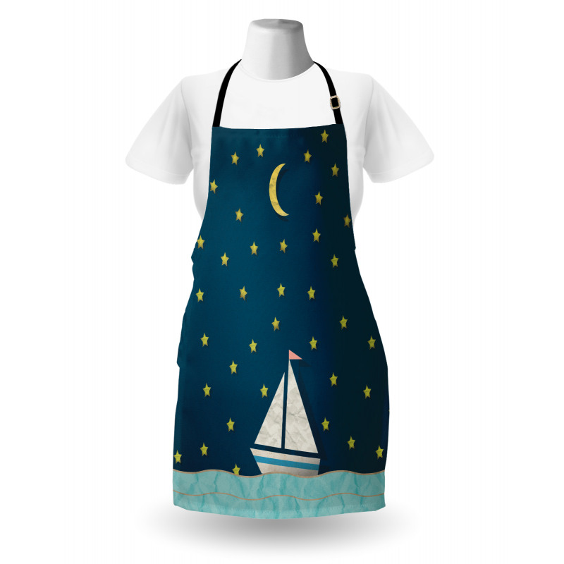 Denizci Mutfak Önlüğü Yıldızlı Gecede Yol Alan Yelkenli Çizimi