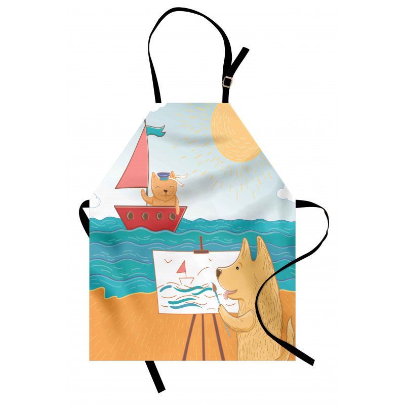 Gemi Mutfak Önlüğü Denizde Duran Yelkenliyi Çizen Köpek Çizimi
