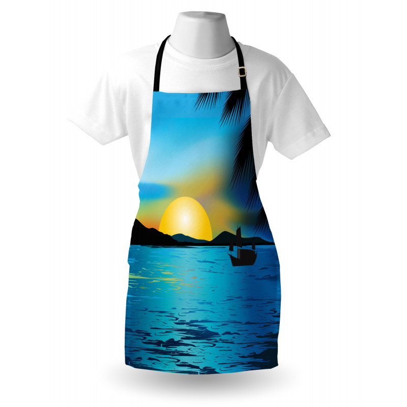 Deniz Manzarası Mutfak Önlüğü Güneş Palmiye Ağacı Tekneli Görsel