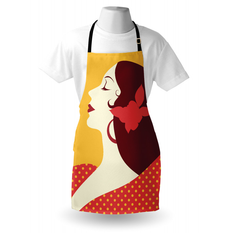 Kadın Mutfak Önlüğü Puantiyeli Elbise Giyen Çiçekli İnsan Çizimi